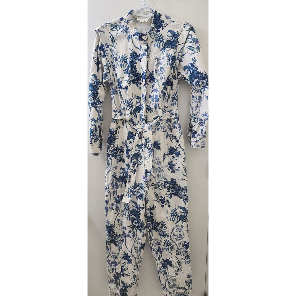 Anthropologie Blue White Floral Utility Jumpsuit Long Sleeve Tie Waist Size 2